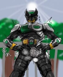 1boy armor armored_male balls balls_outline belt blurry_background bodysuit bodysuit_bulge breath breath_cloud bulge clothed_handjob cum cum_from_handjob cum_spurt cum_through_bodysuit disembodied_hand erect_penis erection erection_under_bodysuit fence green_armor handjob handjob_over_clothes hands_on_hips hands_on_own_hips heavy_breathing helmet japanese_text kamen_rider kamen_rider_birth kamen_rider_ooo_(series) male male_focus male_only mask masked masked_male moaning muscles musk musk_clouds onomatopoeia orgasm orgasm_from_handjob outline panting penis penis_outline pov pov_handjob sketch standing sweat sweatdrop sweating text transparent_hand trees tremble_spikes trembling trembling_penis twitch_lines twitching