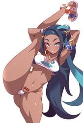 1girls abs alternate_breast_size anime_style ass belly big_ass blue_eyes blue_hair blush body_writing breasts cleavage clothed dark-skinned_female dark_skin feet female female_only flexible gym_leader human konno_tohiro leg_up long_hair looking_at_viewer medium_breasts midriff navel nessa_(pokemon) nintendo panties pokemon pokemon_ss pubic_tattoo shirt solo splits spread_legs standing tattoo text thick_thighs toes underboob vertical_splits wide_hips