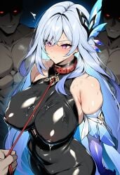 1girl 2boys 3boys ai_generated animal_collar bare_shoulders black_bodysuit blue_hair blush bodysuit breasts butterfly_hair_ornament closed_mouth clothing collar covered_navel covered_nipples dark-skinned_male detached_sleeves elbow_gloves female genshin_impact gloves grey_hair hair_ornament hetero holding_leash lactation lactation_through_clothes large_breasts latex leash long_hair male multiple_boys muscular novart01 pet_play pink_eyes purple_eyes purple_gloves red_collar red_eyes skirk_(genshin_impact) smile solo_focus sweat thighs very_long_hair