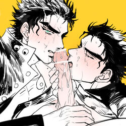 3boys black_hair blowjob blush cum cum_on_face diamond_is_unbreakable dual_persona erection fellatio gay green_eyes gunbam jojo's_bizarre_adventure jotaro_kujo licking licking_penis male_only mmm_threesome penis pointless_censoring pov selfcest simple_background stardust_crusaders threesome yaoi