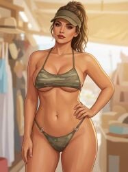1girls afternoon ai_generated belly_button bikini blurry_background brown_eyes brown_hair brunette_hair camo_print camouflage_bikini cel_shading cleavage evening eyelashes eyeshadow female female_only gemini golden_hour hair_tie hand_on_hip high_ponytail hourglass_figure lipstick looking_at_viewer medium_breasts micro_bikini midriff natural_light one_hand_on_hip outline ponytail rgomez007 seductive_look self_upload shop sideboob solo_female standing tanned thick_eyelashes thick_lips thick_thighs tied_hair underboob visor warm_colors warm_lighting wide_hips