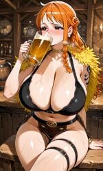 1girl ai_generated arm_tattoo ass beer big_ass big_breasts big_butt big_thighs blush bracelet breasts brown_eyes capelet crop_top curvy curvy_body curvy_female curvy_figure detailed detailed_background drinking female female_only gigantic_breasts huge_breasts large_breasts legs legs_crossed long_hair miniskirt nami_(one_piece) navel necklace no_underwear one_piece one_piece:_elbaf_arc open_mouth orange_hair original_artwork pearl_earrings sitting solo_female sweat sweating tavern tavern_background thick_thighs thighs wide_thighs