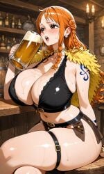 1girl ai_generated arm_tattoo ass beer big_ass big_breasts big_butt big_thighs blush bracelet breasts brown_eyes capelet crop_top curvy curvy_body curvy_female curvy_figure detailed detailed_background drinking female female_only gigantic_breasts huge_breasts large_breasts legs legs_crossed long_hair miniskirt nami_(one_piece) navel necklace no_underwear one_piece one_piece:_elbaf_arc open_mouth orange_hair original_artwork pearl_earrings sitting solo_female sweat sweating tavern tavern_background thick_thighs thighs wide_thighs