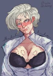 1girl 1girls 2026 bite_mark bite_marks black_bra blue_eyes blush blush_lines blushing bra breasts caitlin_stedman cecil_stedman covered_breasts female female_only hair hickey invincible invincible_(comics) invincible_(tv_series) light-skinned_female light_skin mature mature_female no_visible_genitalia open_clothes open_eyes open_mouth open_shirt scar shirt short_hair simple_background teeth teeth_clenched teeth_showing teeth_visible white_hair white_shirt
