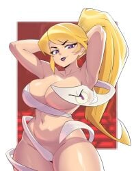 1girls 2026 blonde_hair breasts covered_nipples female female_focus fold_(gameoverse) gameoverse glitch_productions highres large_breasts light-skinned_female light_skin lipstick looking_at_viewer miss_information_(gameoverse) navel nude nude_female ponytail purple_eyes thick_thighs wide_hips