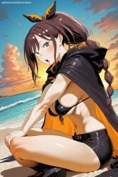 1girl ai_generated bangs beach bikini bikini_top black_bikini black_cape black_footwear black_shorts blush boots braid breasts brown_hair cape gloves green_eyes hi_res high_quality high_resolution hood hood_down large_breasts long_hair looking_at_viewer navel ocean outdoors patreon re:zero_kara_hajimeru_isekai_seikatsu savvyraexo seductive sexy shaula_(re:zero) shiny shiny_clothes shiny_skin short_shorts shorts sitting solo swimsuit uncensored water watermark