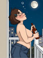 1girls ai_generated balcony beer_bottle breasts brown_hair chubby chubby_female city civitai closed_eyes curvy drunk full_moon glasses hair_clip jeans large_breasts night nipples outdoors questionable_content side_view solo stable_diffusion topless willow_dragonfang