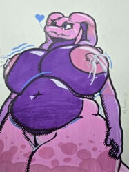 after_sex anthro belly big_breasts bodily_fluids breasts chonkynyx cum cum_on_vulva female fingers genital_fluids genitals grey_background heart_symbol hi_res huge_breasts innie_vulva lactating multicolored_body nipples non-mammal_nipples overweight overweight_anthro overweight_female perspective pink_body pink_nipples purple_eyes reptile scalie simple_background snake snake_hood tail unusual_anatomy vaginal_fluids vulva