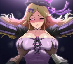 1boy alternate_breast_size_(larger) biting_own_lip black_hat blonde_hair breasts brother_and_sister brown_gloves choker cleavage collarbone dress gloves grabbing_another's_breast grimms_notes groping hair_ribbon half-closed_eyes hat hetero huge_breasts incest looking_at_viewer outstretched_arms pink_eyes pov purple_dress purple_ribbon ribbon ribbon_choker shaded_face shinjicoca siblings steam teeth upper_body vertical-striped_sleeves