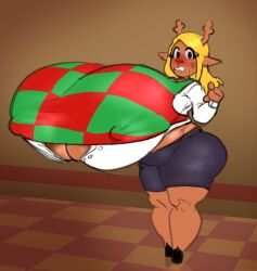 1girls anthro antlers blonde_hair blushing breast_expansion brown_fur deer deer_girl deltarune female_only furry huge_ass huge_breasts hyper hyper_breasts long_hair massive_breasts noelle_holiday skirt thick_thighs tight_clothing underboob wobblinggut