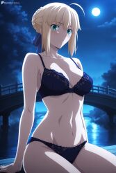 1girl ahoge ai_generated bare_shoulders black_bra black_panties blonde_hair blue_bra blue_ribbon blush bra braid breasts cleavage closed_mouth collarbone digitalwaifugallery fate/stay_night french_braid full_moon green_eyes hair_bun hair_ribbon hi_res high_quality high_resolution looking_at_viewer medium_breasts moon moonlight navel night night_sky outdoors panties patreon ribbon saber_alter seductive sexy sidelocks sitting sky solo stomach thighs uncensored underwear underwear_only water watermark