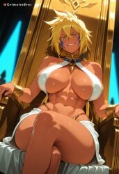 1girl abs ai_generated alternate_costume armlet artist_name bare_shoulders bleach blonde_hair bracelet breasts breasts_apart crossed_bangs crossed_legs dark-skinned_female dark_skin earrings facial_mark green_eyes grimoireeros grin hair_between_eyes jewelry large_breasts long_hair looking_at_viewer muscular muscular_female navel patreon_logo patreon_username revealing_clothes sitting smile solo stomach thighs throne tier_harribel toned