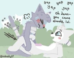 anal anal_penetration anthro bandage bandaged_chest bandaged_ear bandaged_tail bandages_only being_watched blue_eyes blue_markings blush blushing_profusely bodily_fluids breath casual_sex chest_tuft countershade_face countershade_torso countershading cum cum_in_ass cum_inside d'arktanyan_(the_battle_cats) d'artanyan_(the_battle_cats) directional_arrow distracted distracted_sex domestic_cat duo english_text exhibitionism eyebrows eyes_closed felid feline felis fur genital_fluids genitals glowing glowing_markings grey_body grey_fur hair hand_on_butt head_tuft heart_symbol hi_res kneeling looking_at_another lying male male/male male_on_bottom mammal markings nobuddy nude_anthro nude_male on_back on_bottom orgasm outside_sex penetration penile penile_penetration penis penis_in_ass ponos_corp. ponytail premature_ejaculation raised_eyebrow raised_leg sex stiff_tail tail tail_coil text the_battle_cats tremble_spikes tuft voyeur white_body white_fur yapping