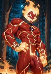 abs ai_generated alien ben_10 flaming_head forest heatblast looking_at_viewer male male_only muscular muscular_male outdoors outside pecs penis red_skin testicles twall97