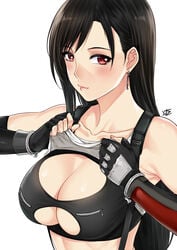 1girls big_breasts black_bra black_hair blush bra breasts cleavage cleavage_cutout clothing_cutout collarbone earrings elbow_gloves elbow_pads female female_only final_fantasy final_fantasy_vii final_fantasy_vii_remake fingerless_gloves gloves highres jewelry large_breasts lifted_by_self long_hair looking_at_viewer nipple_zipper red_eyes solo sports_bra square_enix suspenders tank_top tifa_lockhart traditional_media underboob underboob_cutout underwear upper_body xter xtermination zipper zipper_pull_tab