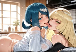 2girls ai_assisted ai_generated ass bangs blonde_hair blue_eyes blue_hair blunt_bangs blush bottomless breast_press breasts choker curvaceous curvy curvy_female curvy_figure female green_eyes heart heart-shaped_pupils indoors lana's_mother_(pokemon) large_breasts long_hair looking_at_viewer lusamine_(pokemon) lying mature miyuai multiple_girls off_shoulder open_mouth plant pokemon potted_plant saliva saliva_trail see-through shirt short_hair thick thick_ass thick_butt thick_hips thick_legs thick_thighs tongue tongue_out voluptuous voluptuous_female wet wet_clothes white_shirt wide_hips wide_thighs window yuri