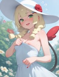 ai_generated bare_shoulders beautiful_girl blonde_female cleavage female female_only flat_chest focus_on_breasts green_eyes heavenly_body lillie_(pokemon) outdoors pretty_girl sexy slutty_dress slutty_female small_breasts sundress sunny sweaty_body temptation tempting_viewer