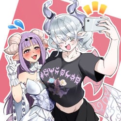 2girls blush cellphone clothing cosplay crazy_eyes demon demon_girl demon_horns dress duel_monster earrings embarrassed fangs female_only fringe hand_on_hip horns huge_breasts hugging konami labrynth_of_the_silver_castle light_skin long_hair lovely_labrynth_of_the_silver_castle medium_breasts nervous one_eye_closed open_mouth painted_nails pale_skin peace_sign pointy_ears pose purple_hair red_eyes safe safe_for_work selfie silver_eyes smile spiral_eyes standing sweatdrop twin_drills twintails white_hair woman younger_female yu-gi-oh! yu-gi-oh!_rush_duel