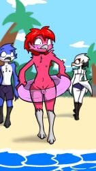 1girls 2boys balls beach birbpan embarrassed embarrassed_nude_exposure embarrassed_nude_male ene enm female innertube male nude pan_(birbpan) penis