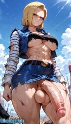 abs ai_generated android android_18 angry angry_face battle_damage big_balls big_breasts big_penis blonde_hair blue_eyes bruise bruised building_destruction damaged_clothes destroyed_building destroyed_clothing destruction dragon_ball dragon_ball_super dragon_ball_z fight futa_only futanari huge_cock jacket medium_hair moonlightfuta muscular muscular_futa outdoors partially_clothed serious_face skirt solo thick_thighs wide_hips