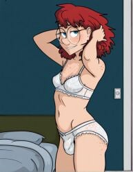 1girls ai_generated bedroom blue_eyes bra civitai claire_augustus freckles freckles_on_ass freckles_on_face freckles_on_shoulders glasses looking_at_viewer panties panty_bulge penis_bulge questionable_content red_hair shoulder_length_hair smiling_at_viewer solo stable_diffusion trans_woman transgender transgender_woman