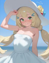 ai_generated bare_shoulders beautiful_girl blonde_female cleavage female female_only flat_chest focus_on_breasts green_eyes heavenly_body lillie_(pokemon) outdoors pretty_girl sexy slutty_dress slutty_female small_breasts sundress sunny sweaty_body temptation tempting_viewer