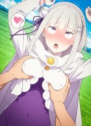 ai_generated elf elf_ears elf_female elf_girl emilia_(re:zero) half-elf light-skinned_female re:zero_kara_hajimeru_isekai_seikatsu reid_astrea_(re:zero) sexual_harassment silver_hair
