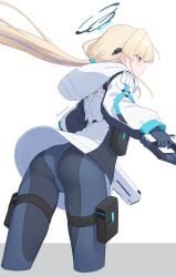1girl ass blonde_hair blue_archive blue_bodysuit blue_eyes blue_halo bodysuit dan_(kumadan) dual_wielding floating_hair from_behind from_side gun halo highres holding holding_gun holding_weapon holster hood hoodie looking_ahead low_ponytail ponytail simple_background solo thigh_holster toki_(armed)_(blue_archive) toki_(blue_archive) weapon white_background white_hoodie