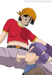 alanistheanalqueen black_hair blowjob clothed cum cum_in_mouth dickgirl dragon_ball dragon_ball_gt fellatio futa_on_male futa_with_male futanari intersex pan_(dragon_ball) sucking trunks_briefs