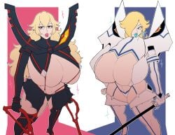 2girls alternate_version_available big_breasts black_lipstick blonde_hair blue_eyes breasts cameltoe cleavage cosplay female female_only hair_over_one_eye huge_breasts junketsu_(cosplay) kill_la_kill kiryuuin_satsuki_(cosplay) large_breasts lipstick long_hair makeup mario_(series) matoi_ryuuko_(cosplay) multiple_girls nintendo princess_peach princess_rosalina revealing_clothes senketsu_(cosplay) skimpy_clothes skindentation smozuru super_mario_galaxy