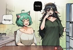 2girls ai_generated animal_ears black_hair english_text girl_dm gloves grin hand_on_own_hip jacket layna_lazar long_hair looking_at_another multiple_girls necktie official_alternate_costume sharp_teeth smile speech_bubble teeth tillian virtual_youtuber white_hair wolf_ears wolf_girl