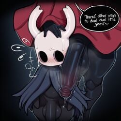 2_horns ai_generated anthro arthropod balls big_balls big_penis black_balls black_body black_eyes black_genitals black_penis blush bodily_fluids clothing crossgender dialogue duo english_text foreskin fti_crossgender genital_fluids genitals glans hellsonger hollow_knight_(franchise) horn hornet_(hollow_knight) huge_penis humanoid humanoid_genitalia humanoid_penis insect intersex male male/male penis penis_size_difference precum red_clothing size_difference speech_bubble sweat team_cherry text the_knight_(hollow_knight) vessel_(species)