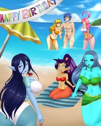 1boy aoi_sekai_no_chuushin_de beach clothed clothing enetheligthingdancer erection gear_(aoi_sekai_no_chuushin_de) genie hetero jinn_(rwby) magi:_the_labyrinth_of_magic paimon rwby shahra shantae shantae_(character) smooth_skin sonic_(series) swimsuit yang_xiao_long