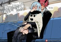1other ai_generated androgynous benimaru blue_hair blush english_text fingering hetero horns long_hair pantyhose patreon_username public_indecency red_hair rimuru_tempest sitting sitting_on_lap speech_bubble tensei_shitara_slime_datta_ken that_time_i_got_reincarnated_as_a_slime tillian torn_clothes torn_pantyhose train_interior yellow_eyes