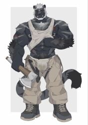 2026 abdominal_scar abs anthro arm_scar arm_tuft axe bara biceps black_body black_fur black_hair black_sclera boots bottomwear bulge chest_scar chest_tuft clothed clothing clothing_lift crotch_harness dirty dirty_clothing dirty_underwear ear_piercing ear_stud eye_scar facial_scar felid footwear fur gradient_hair gradient_stripes grey_boots grey_clothing grey_footwear grey_hair hair heterochromia hi_res holding_axe holding_object jockstrap looking_at_viewer male mammal multicolored_eyes muscular muscular_anthro muscular_male nipple_piercing nipple_ring nipples open_bottomwear open_clothing open_pants pantherine pants pecs piercing pubes pupils purple_eyes red_pupils ring_piercing scar shirt shirt_lift shoes simple_background solo striped_body striped_fur stripes tail tan_bottomwear tan_clothing tan_pants teeth topwear tuft two_tone_eyes underwear unzipped white_background white_clothing white_eyes white_hair white_jockstrap white_tank_top white_underwear zipper