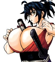 big_boobs big_breasts big_tits breasts breasts_bigger_than_head bursting_breasts cleavage cleavage_overflow clothed clothed_female clothing collaboration color color_edit colored dark_hair female female_focus female_only gigantic_breasts huge_breasts huge_tits katana konchiki light-skinned_female light_skin manyuu_chifusa manyuu_hikenchou mommy mommy_milkers object_between_breasts pulling_clothing samurai sword voluptuous voluptuous_body voluptuous_female woman woman_focus woman_only woman_solo yellow_eyes