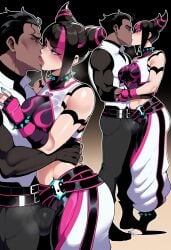 1boy 1girl ai_generated aqua_nails baggy_pants belt black_hair blush bracelet breasts bulge bunnyart02 clothing collar cone_hair_bun dark-skinned_male dark_skin diagonal_bangs drill_hair erection erection_under_clothes female fingerless_gloves french_kiss gloves hair_horns han_juri height_difference hetero interracial jewelry juri_han kiss kissing large_breasts looking_at_another male multicolored_hair muscle muscular nail_polish pants pink_hair spiked_bracelet spiked_collar spikes streaked_hair street_fighter street_fighter_6 sweat toeless_legwear toenail_polish toenails tongue tongue_out twin_drills two-tone_hair