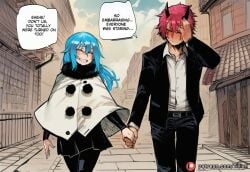 1boy 1girl 1other ai_generated androgynous benimaru black_pants blue_hair blush closed_eyes english_text holding_hands horns long_hair outdoors pants pantyhose red_hair rimuru_tempest shirt skirt smile speech_bubble tensei_shitara_slime_datta_ken that_time_i_got_reincarnated_as_a_slime tillian
