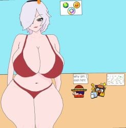 beach big_ass big_belly big_boobs big_breasts big_butt big_thighs bra brawl_stars colette_(brawl_stars) edgar_(brawl_stars) gray_hair grey_eyes grey_hair griff_(brawl_stars) money red_bra red_lipstick supercell swimsuit swimsuit_colette_(brawl_stars) swimwear thick_ass thick_hips thick_legs thick_lips thick_thighs white_hair