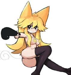 1girls animal_ear_fluff animal_ears black_eyes black_thighhighs blonde_hair cat_ears cat_girl cat_tail catgirl censored censored_nipples dot_nose funamusea hair_between_eyes holding holding_knife holding_weapon knife large_breasts looking_at_viewer moge-ko mogeko mogeko_castle navel nude simple_background smug solo tail teeth white_background white_pupils