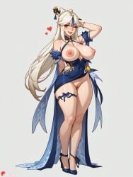 1girl ai_generated arm_behind_back bangs bare_shoulders blue_dress blush boobs bracelet breasts breasts_out cleft_of_venus covered_navel cute dress full_body hair_ornament hair_stick heart high_heels huge_ass huge_breasts jewelry juswa large_ass large_breasts long_hair looking_at_viewer ningguang_(genshin_impact) nipples official_alternate_costume one_eye_closed open_mouth panties panties_around_one_leg pussy red_eyes simple_background smile solo standing tassel thicc thick_thighs thighs uncensored underwear vision_(genshin_impact) white_hair