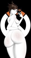 big_ass black_background blizzard_entertainment brown_eyes brown_hair female female_focus female_only from_behind lena_oxton logo looking_at_viewer looking_back medium_breasts nipples overwatch overwatch_2 phone thick_thighs tracer white_body