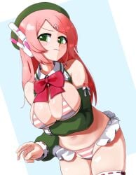 1girls arm_tattoo artist_request beret bikini bow bowtie breasts breasts_out cleavage closed_mouth detached_sleeves dress grabbing_own_breast green_dress green_eyes green_hat green_sleeves hair_ornament hairclip hat headphones highres large_breasts long_hair looking_at_viewer momone_momo navel red_bow red_bowtie ribbon solo striped_bikini striped_clothes swimsuit tattoo thighs utau white_ribbon