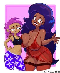 2girls alternate_costume alternate_hairstyle alternate_version_available areolae areolae_visible_through_clothing babydoll babydoll_lingerie big_breasts biting_lip biting_own_lip black_bra black_eyes black_lips black_lipstick blue_pants blush bottomwear bra breasts dark_blue_hair daughter enid fangs female female_only hair half-closed_eyes hand_on_hip hand_on_shoulder hips huge_breasts legwear lingerie lips lipstick lo_franco long_hair looking_at_breasts loose_hair mature mature_female mature_woman milf mother mother_and_daughter nightgown ok_k.o.!_let's_be_heroes pajamas panties pants pink_hair red_eyes red_lingerie red_thighhighs sleepwear small_breasts thighs topwear underwear vampire vampire_girl wide_hips wilhamena