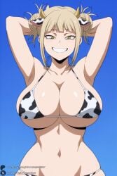 1female 1girl 1girls 2026 ai_generated animal_ears animal_print armpits arms_behind_head arms_up artist_name bangs big_ass big_breasts bikini blonde_hair blue_background blunt_bangs blush boku_no_hero_academia breasts cleavage collarbone cow_ears cow_horns cow_print curvy double_bun female female_only grin hair_bun hi_res high_quality high_resolution highres himiko_toga horns huge_ass huge_breasts large_breasts looking_at_viewer messy_hair my_hero_academia navel patreon patreon_username sidelocks simple_background skindentation smile solo swimsuit teeth toga_himiko unjobdespiert upper_body watermark yellow_eyes
