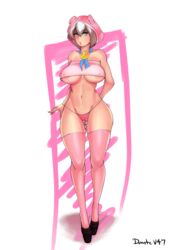 belly big_breasts big_nipples big_thighs black_heels blue_eyes cosplay costume dantev47 heels highheels hoodie long_legs medal nier:_automata pig_ears pigtail pink_nipples pink_panties pink_socks pink_stockings pinup simple_background stockings thighs thong underboob white_hair year_of_the_pig yorha_2b