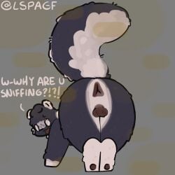 absurd_res anthro balls darkened_balls darkened_genitalia dialogue fart fart_cloud fart_fetish fluffy fluffy_tail genitals grey_background hi_res lspagf male mammal mephitid multicolored_body pawpads presenting purple_body scared shy simple_background skunk skunk_(lspagf) solo tail two_tone_body warning