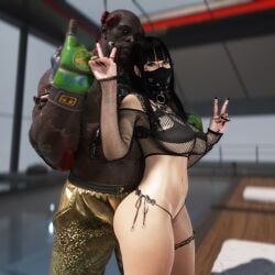3d ass_against_crotch belly_button big_ass big_breasts bikini bikini_bottom bikini_top black_hair black_nails blunt_bangs brown_eyes cinder cindersnk couple cyberpunk_2077 cyborg dark-skinned_male dark_skin enemies_to_lovers game glasses glove goth goth_fashion goth_girl half-dressed height_difference hime_cut interracial interracial_couple long_nails looking_at_viewer mask masked_female medium_hair micro_bikini_bottom mma_gloves muscular muscular_male net_clothes original_character pants peace_sign pool resting_head ring round_ass round_glasses screenshot side_view size_difference slave_collar straight_couple thigh_strap thighs toned_body toned_female underboob wet_body wet_skin