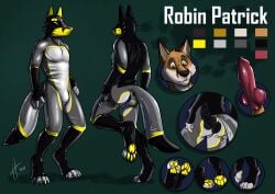2017 absurd_res animal_genitalia animal_penis anthro black_bodysuit black_clothing black_skinsuit bodysuit brown_body brown_eyes brown_fur bulge canid canine canine_genitalia canine_penis clothing color_swatch dated erection fox fur genitals glistening glistening_eyes green_background grey_bodysuit grey_clothing grey_skinsuit hi_res hufnaar internal knot latex latex_clothing latex_skinsuit male male_anthro mammal mask model_sheet mouth_closed penis red_penis robin_patrick signature simple_background skinsuit slim_anthro slim_male solo standing tight_clothing wearing_mask white_body white_fur yellow_bodysuit yellow_clothing yellow_skinsuit