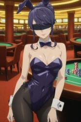 1girls ai_generated bathroom blue_eyes blue_hair bunny_ears bunnysuit casino casino_table covered_eyes female female_focus female_only indigo_hair leotard light-skinned_female light_skin long_hair nier nier:_automata shiny shiny_skin smile solo solo_female solo_focus thighs yorha_no.16_type_g